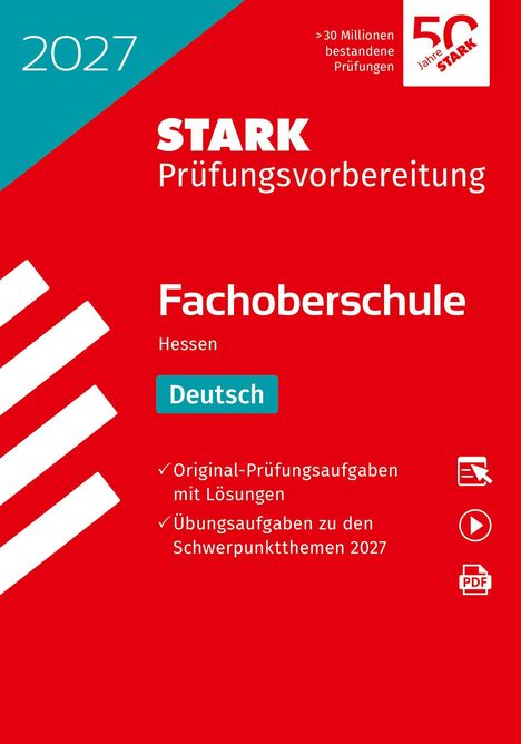 "STARK Prüfungsvorbereitung Fachoberschule Hessen Deutsch. Original-Prüfungsaufgaben mit Lösungen." Rotes Design mit Logo.