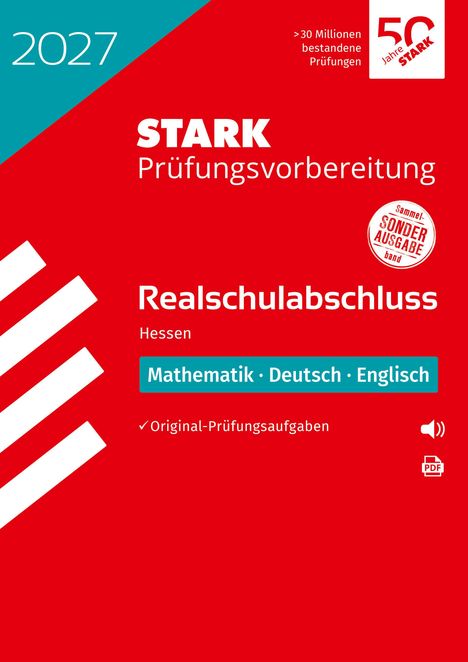 „STARK Prüfungsvorbereitung Realschulabschluss Hessen“, rote Hintergrundfarbe, blaue und weiße Textelemente.