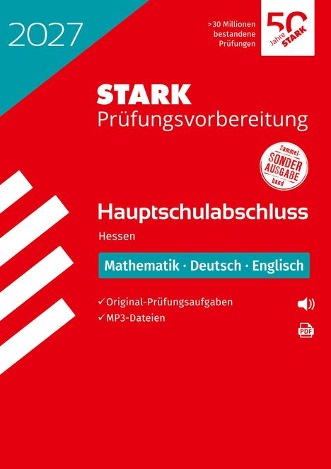 "STARK Prüfungsvorbereitung 2027. Hauptschulabschluss Hessen. Mathematik, Deutsch, Englisch. Sonderausgabe."  
Rot-weißes Design.