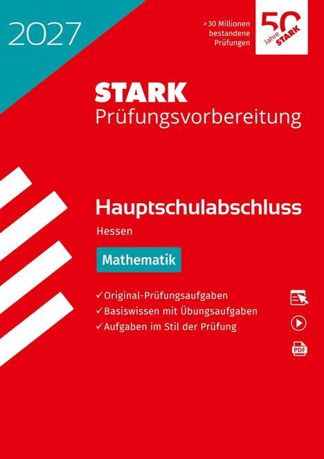 2027, STARK Prüfungsvorbereitung, Hauptschulabschluss Hessen, Mathematik. Rotes Cover mit grafischen Elementen.