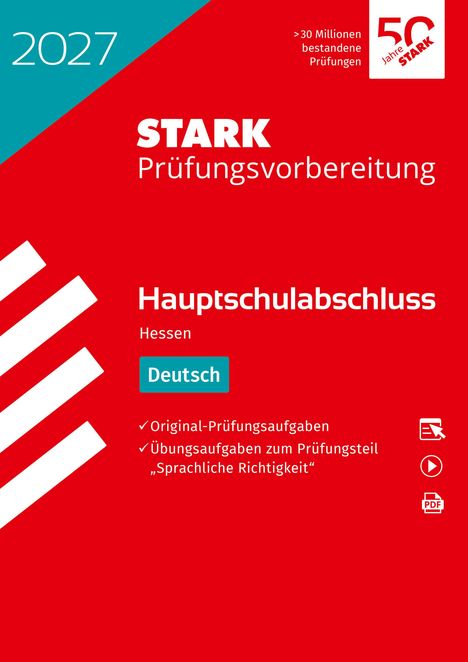 „STARK Prüfungsvorbereitung Hauptschulabschluss Hessen Deutsch“, roter Hintergrund, weiße Schrift, diagonale Linien.