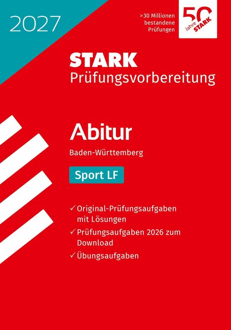 Text: "2027", "STARK Prüfungsvorbereitung", "Abitur Baden-Württemberg", "Sport LF". Roter Hintergrund mit diagonalem Design.