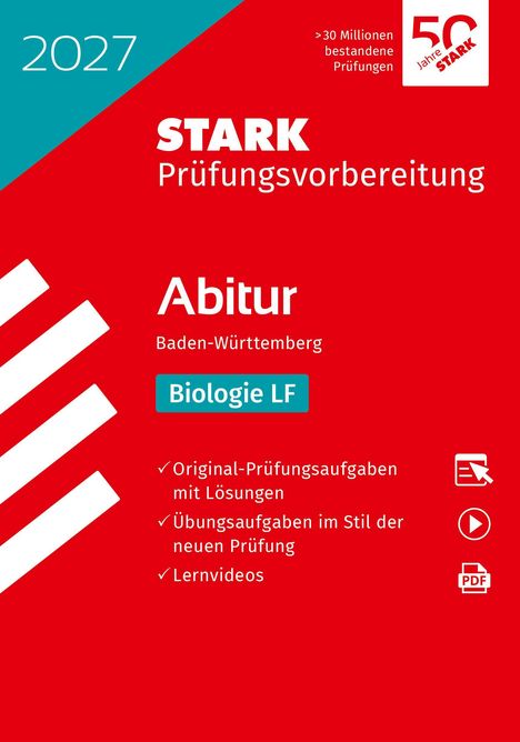 STARK Prüfungs­vorbereitung 2027, Abitur Baden-Württemberg, Biologie LF. Roter Hintergrund, weißer Text. Oben rechts Jubiläums-Logo.