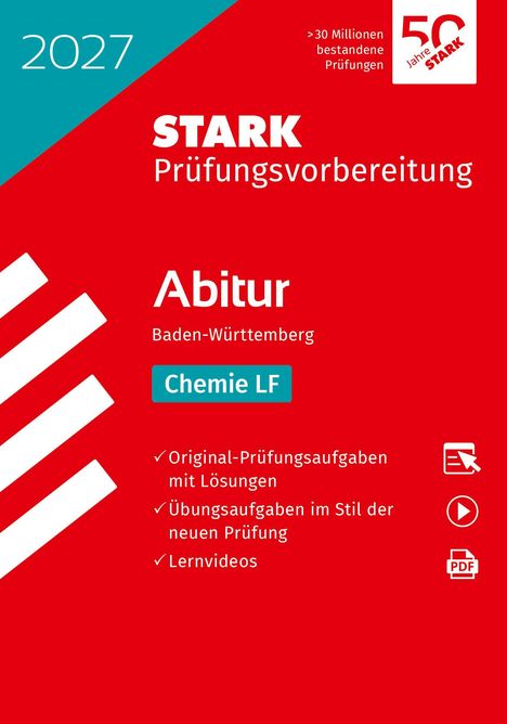 "2027 STARK Prüfungsvorbereitung. Abitur Baden-Württemberg Chemie LF. Rotes Cover, weißer Text, Logo 50 Jahre STARK."