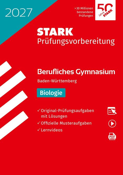 „STARK Prüfungsvorbereitung 2027“, roter Hintergrund, weiße und blaue Textblöcke, Symbol: 50 Jahre Stark, Symbole rechts.