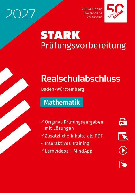 2027, STARK Prüfungsvorbereitung, Realschulabschluss Baden-Württemberg, Mathematik, rote und blaue grafische Elemente.