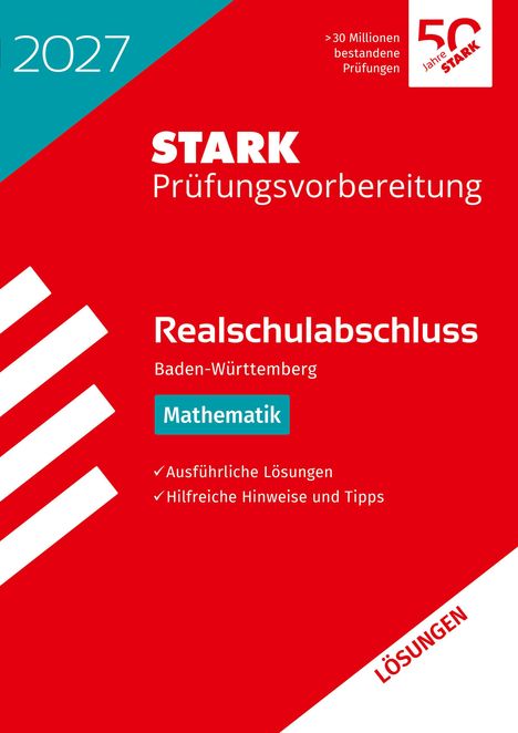 Text: 2027, STARK Prüfungsvorbereitung, Realschulabschluss, Baden-Württemberg, Mathematik. Rot-weiße Gestaltung.