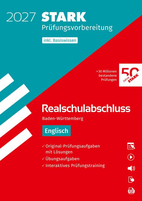 2027 STARK Prüfungsvorbereitung. Realschulabschluss Baden-Württemberg Englisch. Gestaltung in Rot, Türkis, Weiß.