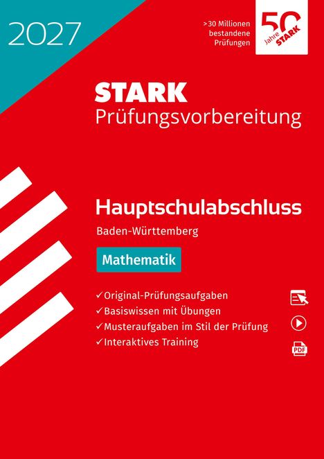 Cover für 2027 STARK Prüfungsvorbereitung Hauptschulabschluss Mathematik, Baden-Württemberg. Rot mit weißen und blauen Elementen.