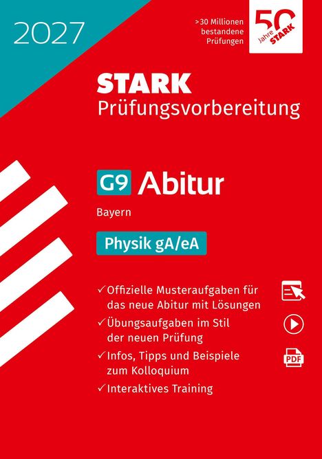 2027, STARK Prüfungsvorbereitung, G9 Abitur Bayern, Physik gA/eA. Roter Hintergrund, diagonal blau.