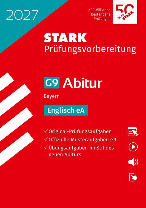 "STARK Prüfungsvorbereitung 2027, G9 Abitur Bayern, Englisch eA, Original-Prüfungsaufgaben." Rotes Cover mit Icons.