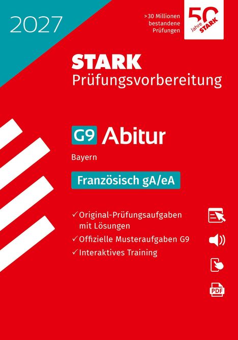 2027, STARK Prüfungsvorbereitung, G9 Abitur, Bayern, Französisch gA/eA. Rotes Cover mit Logos und Symbolen für Lernen.