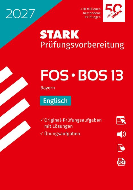 „2027“, „STARK Prüfungsvorbereitung FOS • BOS 13 Bayern Englisch“, rotes Cover mit diagonalen Farbflächen.