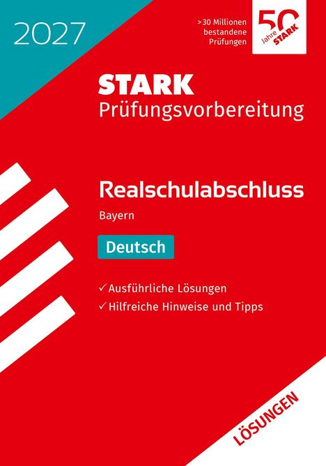 2027. STARK Prüfungsvorbereitung. Realschulabschluss Bayern Deutsch. Roter Hintergrund mit weißem und blauem Textblock.