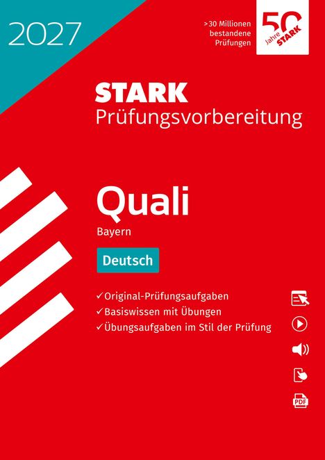 „2027“, „STARK Prüfungsvorbereitung“, „Quali Bayern Deutsch“. Rotes Design mit Streifen und Logo.