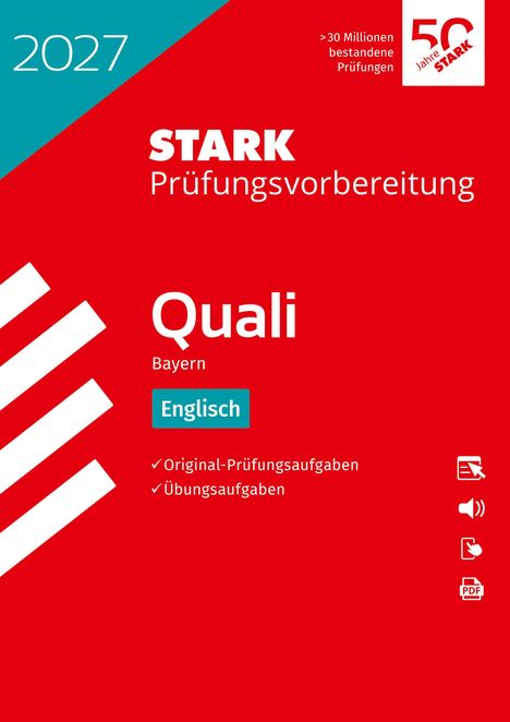 2027, STARK Prüfungsvorbereitung, Quali Bayern Englisch. Rotes Cover mit weißen und türkisen Elementen.