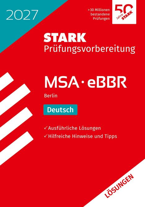 2027, Stark Prüfungen, MSA eBBR Berlin Deutsch, LÖSUNGEN. Rotes Cover mit weißen und türkisfarbenen Elementen.