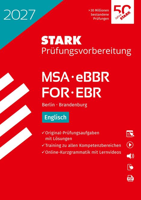 2027, STARK Prüfungsvorbereitung, MSA · eBBR, Berlin/Brandenburg, Englisch. Rote und türkise Elemente.