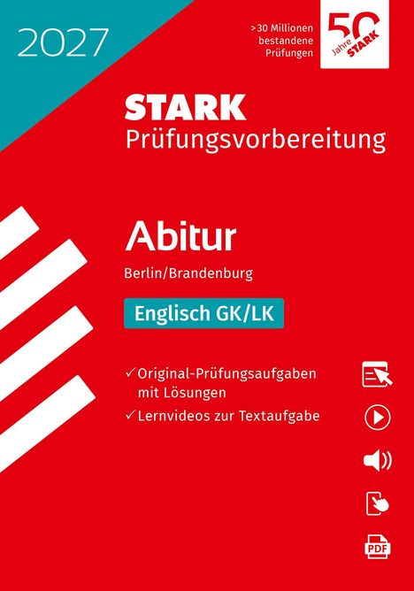 2027, STARK Prüfungsvorbereitung, Abitur Berlin/Brandenburg, Englisch GK/LK. Gestaltung in Rot und Blau mit Symbolen.