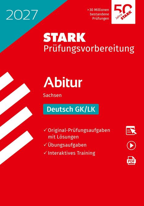 „STARK Prüfungsvorbereitung Abitur Sachsen Deutsch GK/LK“, dazu ein weiß-rotes Logo mit dem Schriftzug „50 Jahre“.