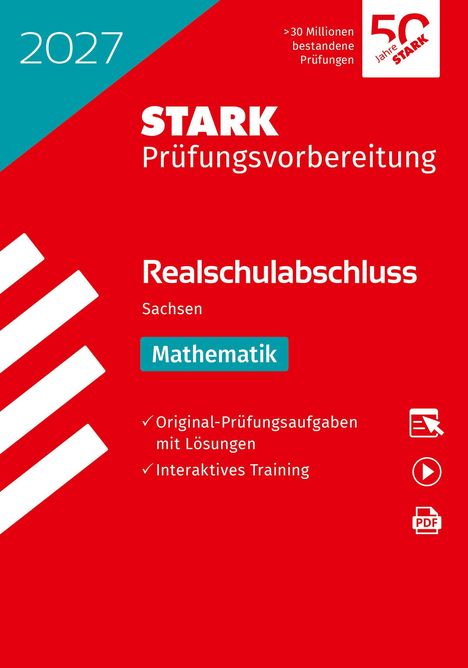 2027, STARK Prüfungsvorbereitung, Realschulabschluss Sachsen, Mathematik. Rotes und türkisfarbenes Design mit Logos.
