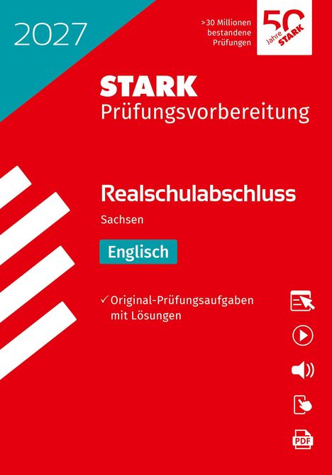 2027 STARK Prüfungsvorbereitung, Realschulabschluss Sachsen Englisch. Original-Prüfungsaufgaben mit Lösungen. Coverdesign mit roten und blauen Farbtönen.