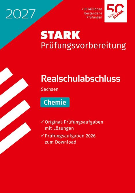 „2027 STARK Prüfungsvorbereitung Realschulabschluss Sachsen Chemie“, roter Hintergrund mit weißem und blauem Text.