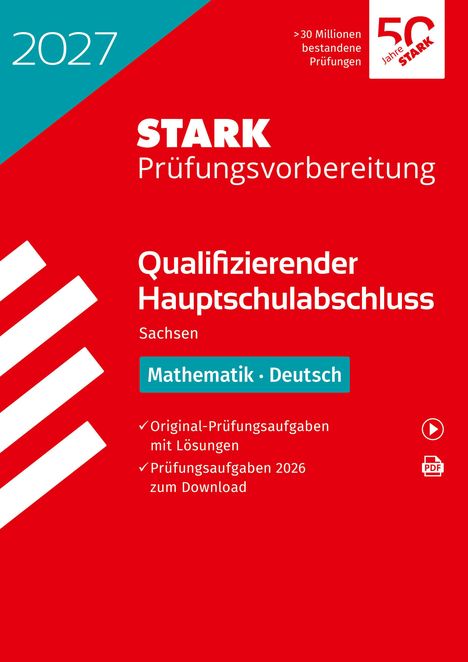 "STARK Prüfungsvorbereitung 2027, Qualifizierender Hauptschulabschluss, Sachsen, Mathematik, Deutsch." Rot-blaues Design.