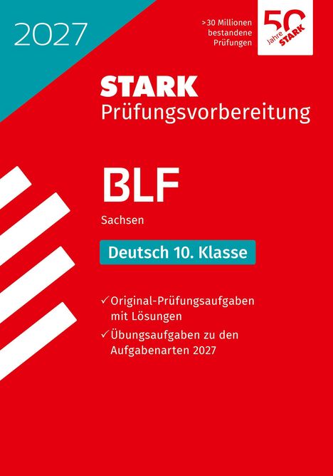 STARK Prüfungsvorbereitung 2027, BLF Sachsen, Deutsch 10. Klasse. Rotes und türkises Design mit Logo oben rechts.