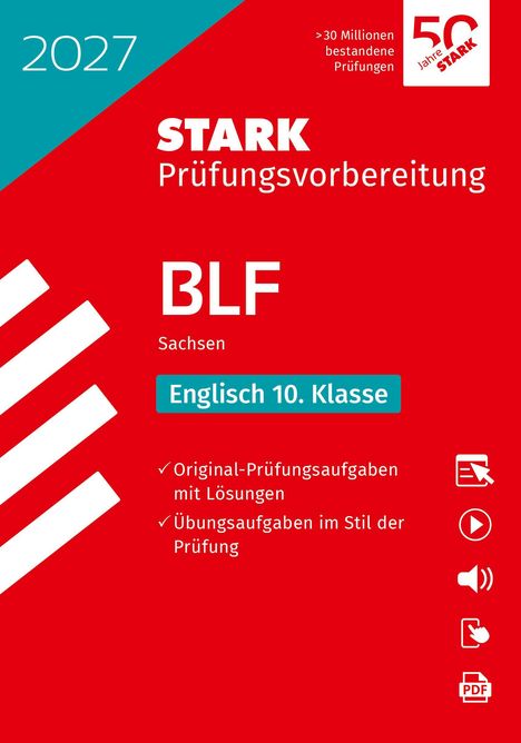 Text: 2027, STARK Prüfungsvorbereitung, BLF Sachsen, Englisch 10. Klasse, Original-Prüfungsaufgaben mit Lösungen. Red und türkis.