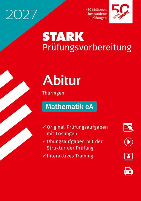 Text: 2027, STARK Prüfungsvorbereitung, Abitur Thüringen, Mathematik eA. Rotes Cover mit weißen Texten und Symbolen.