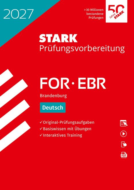 Text: STARK Prüfungsvorbereitung FOR·EBR Brandenburg Deutsch. Rotes Cover mit weißen Streifen und Icons.