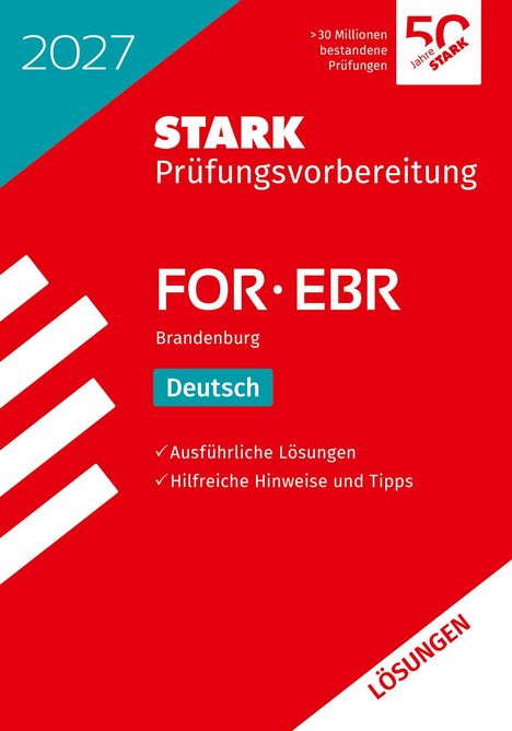 Ein Lehrbuchcover in Rot und Blau: „STARK Prüfungsvorbereitung“ für FOR•EBR Brandenburg, Deutsch, mit Tipps und Lösungen.