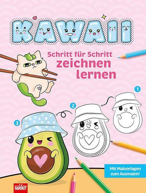 Text: "Kawaii - Schritt für Schritt zeichnen lernen. Mit Malvorlagen zum Ausmalen!" Illustration: Avocado mit Hut.