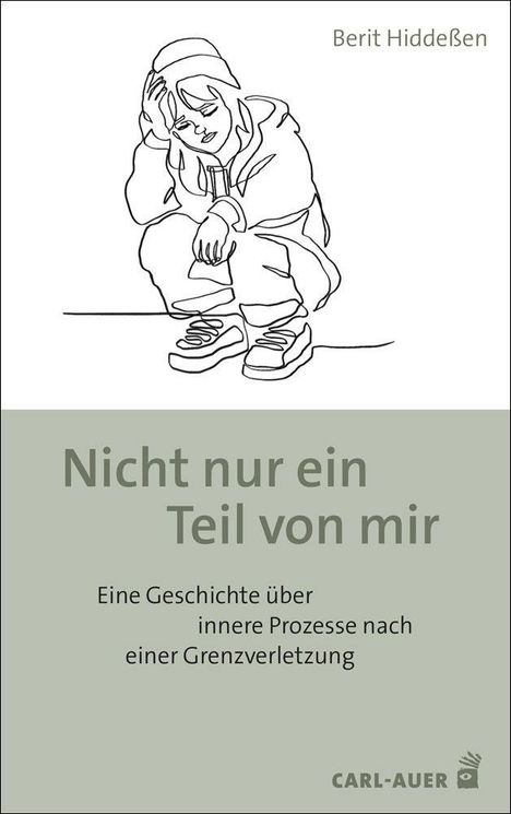 "Nicht nur ein Teil von mir. Eine Geschichte über innere Prozesse nach einer Grenzverletzung. Berit Hidderßen." Illustration: Eine nachdenkliche Person sitzt mit gesenktem Kopf.