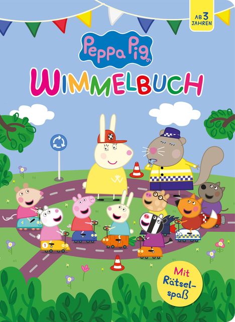 „Peppa Pig Wimmelbuch“, „Ab 3 Jahren“, „Mit Rätselspaß“. Cartoon-Tiere auf Rollern, fröhliche Szene mit Flaggen und Bäumen.