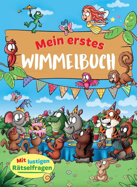 „Mein erstes Wimmelbuch“ und „Mit lustigen Rätselfragen“ auf einem bunten, fröhlichen Tierfest.