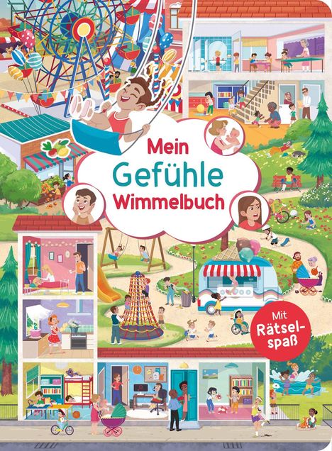 Text: "Mein Gefüh­le Wimmelbuch. Mit Rätselspaß." 

Illustration eines geschäftigen Parks mit spielenden Kindern.