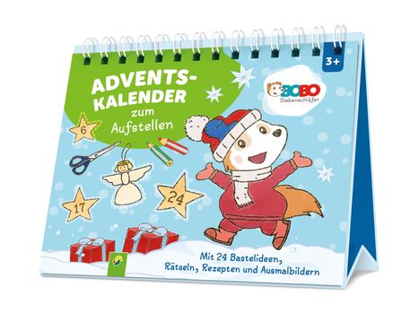 Adventskalender zum Aufstellen. Illustration eines Tieres mit Mütze, Geschenke, Sterne, Zahlen. Ab 3 Jahren geeignet.