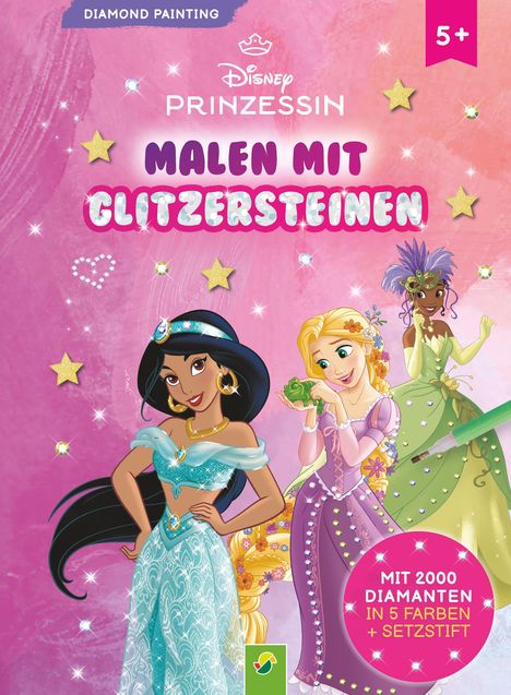 „Malen mit Glitzersteinen.“ Disney-Prinzessinnen in farbenfrohen Kleidern, ein Stift, goldene Sterne und funkelnde Diamanten.