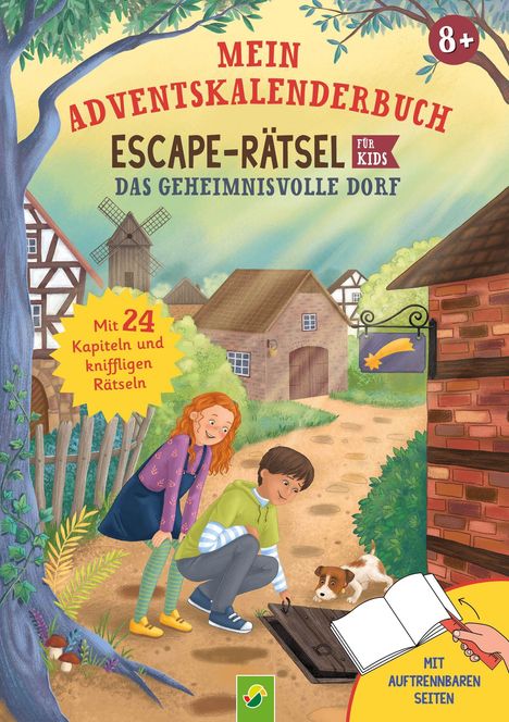 "Mein Adventskalenderbuch: Escape-Rätsel für Kids. Mit 24 Kapiteln und kniffligen Rätseln. Mit auftrennbaren Seiten." 

Zwei Kinder und ein Hund entdecken eine Falltür in einem Dorf.