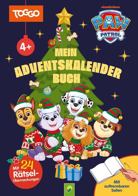 Logo "Toggo", Text "4+", "Mein Adventskalender Buch", "Mit 24 Rätsel-Überraschungen", "Mit auftrennbaren Seiten". Vor einem Weihnachtsbaum sind fünf fröhliche, festlich gekleidete Hunde.