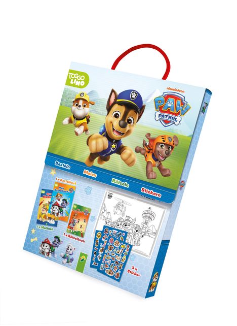 „PAW PATROL“ Logo, Hunde in Uniformen, „Basteln“, „Malen“, „Rätseln“, „Stickern“, Bücher und Sticker abgebildet.