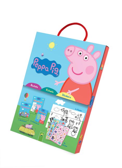 "Peppa Pig", "Basteln", "Rätseln", "Stickern". Ein farbenfrohes Set mit Peppa-Pig-Motiv, Büchern und Stickern.