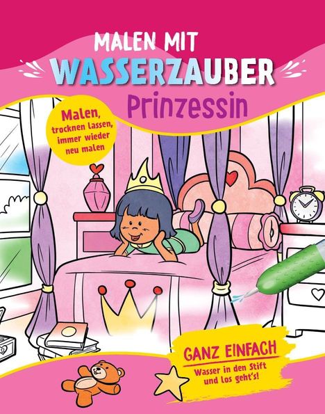 "Malen mit Wasserzauber: Prinzessin." Ein Mädchen auf einem Bett in einem Prinzessinnenzimmer mit Vorhängen und Herzdekoration.