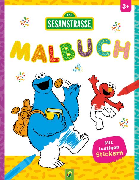 Text: "SESAMSTRASSE MALBUCH Mit lustigen Stickern." Illustration von einem blauen und einem roten, fröhlichen Charakter.
