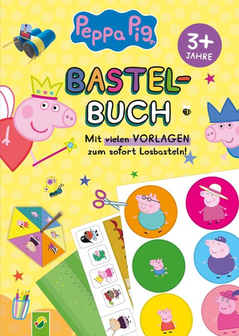 Text: "Peppa Pig Bastelbuch 3+ Jahre Mit vielen Vorlagen zum sofort Losbasteln!" Illustration: Peppa Wutz mit Bastelmaterial.