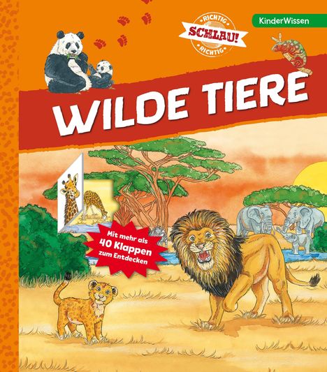 "WILDE TIERE" in großen Buchstaben. Illustration von Löwe, Elefanten und Giraffe in einer afrikanischen Landschaft.