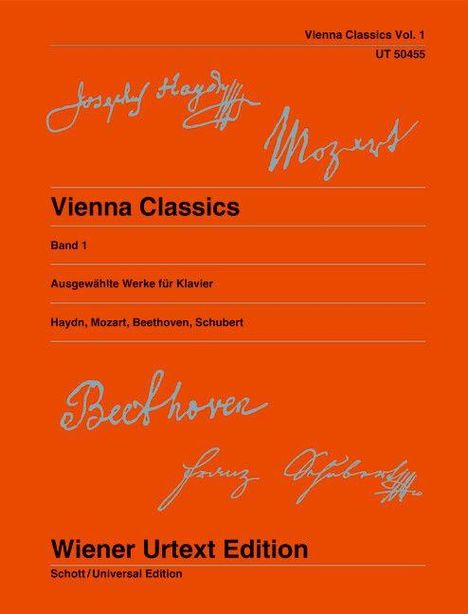 "Vienna Classics Vol. 1", "UT 50455", "Vienna Classics", "Band 1", "Ausgewählte Werke für Klavier", "Haydn, Mozart, Beethoven, Schubert", "Wiener Urtext Edition", "Schott/Universal Edition". Cover in Orange mit Unterschriften von Komponisten.