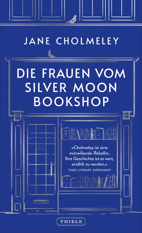 „Die Frauen vom Silver Moon Bookshop“. Illustration eines Büchergeschäfts mit Vögeln auf dem Dach.